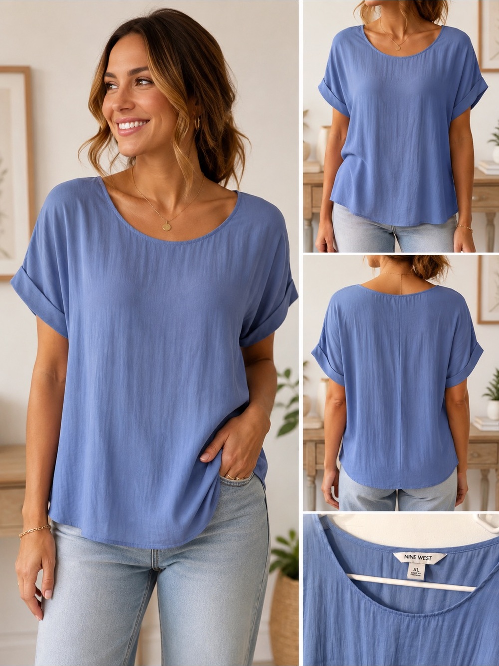 Nine West Periwinkle Short-Sleeve Scoop Neck Top